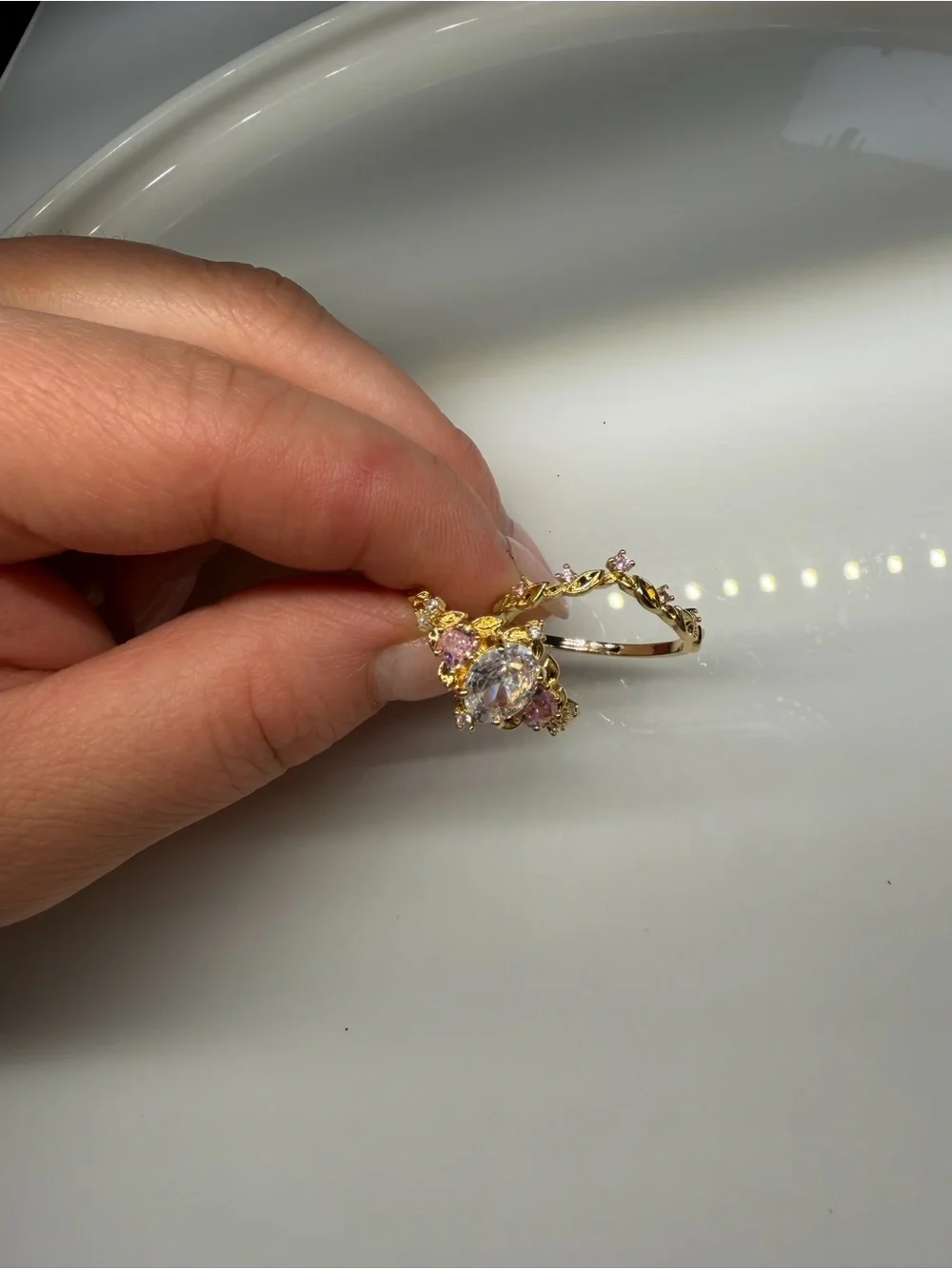 Romantic Pink CZ Gold Leaf Bridal Ring Set Cottagecore Fairycore
